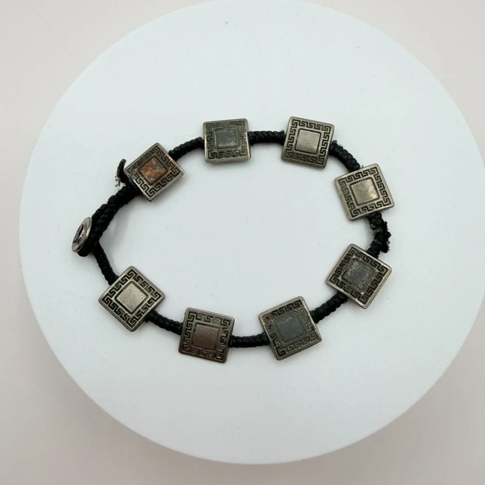 VTG Y2K Silver Tone Square Greek Key‎ Panel Bracelet Black Cord Women's Jewelry